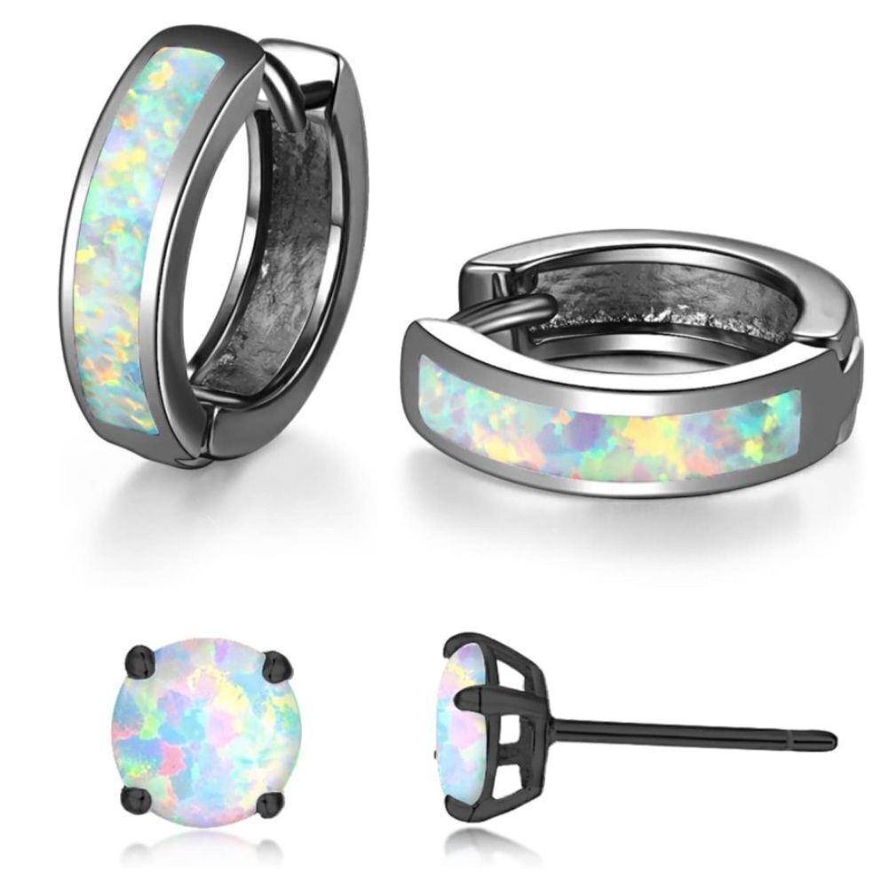14K Black Gold with Genuine White Fire Opal Huggie and Stud Earrings Set of 2